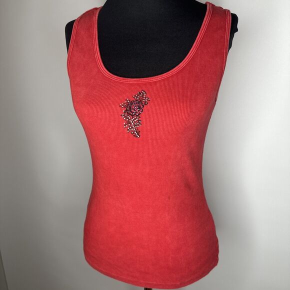 Y2K One World Red Rhinestone Tank Top L Grunge Whimsy Goth USA Cotton - Picture 3 of 10